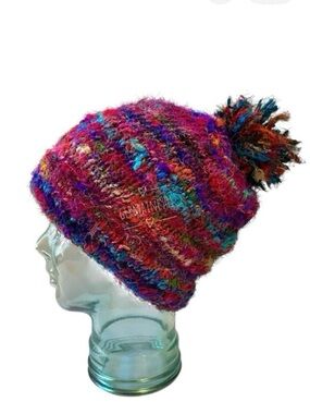 Vtg Lakhay’s Collection Colorful Silk Knit Beanie With Pom Pom Bohemian Hippie